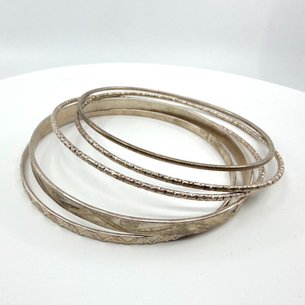 Stacked Silver Tone Boho Bangle Bracelet Set - Textured Statement Style